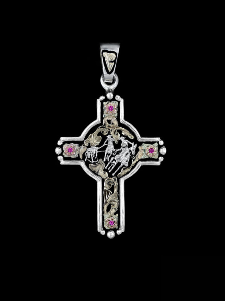 Yellow Gold Scrolls, Rose Gold Flowers on Black Background w/ Silver Casted Figure & Ruby Red Accents Cross Pendant