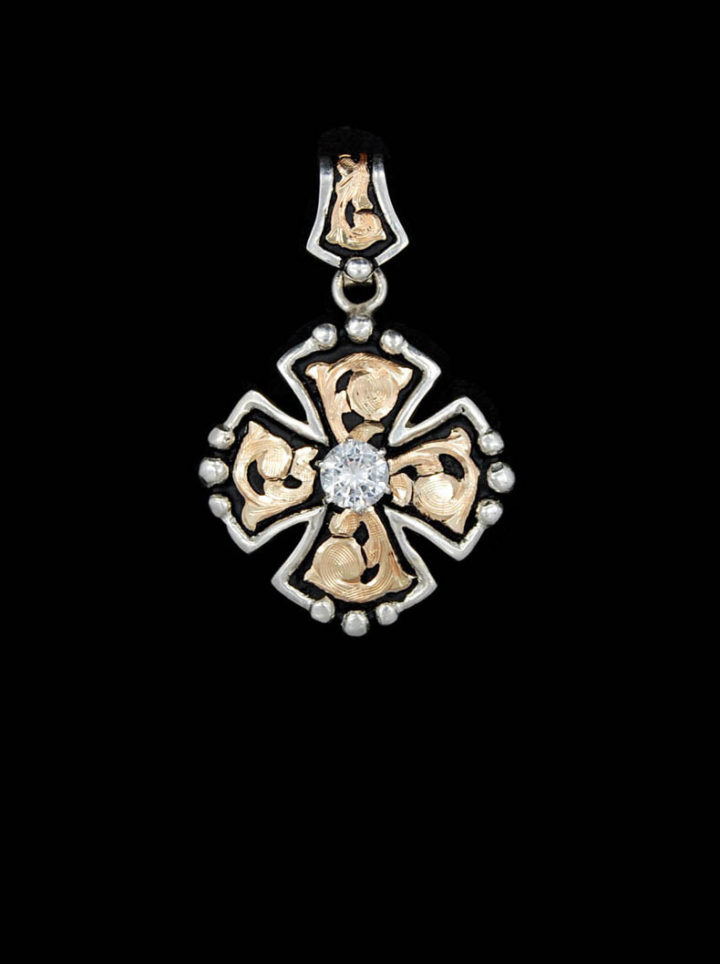 Wide cross with black background, yellow gold scrolls with 8mm round cz crystal clear stone in center
