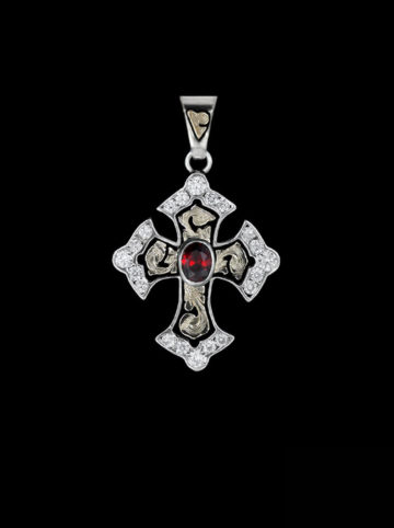 Garnet & Crystal Cross Pendant - Sterling Silver &10k Yellow Gold with aOval Created Garnet, Cubic Zirconia, and Black Antique