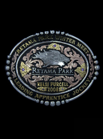 Rose Gold Scrolls on Black Background, Yellow Gold Lettering, Yellow Gold Flowers & Leaves w/ Purple Amethyst Accents, Silver Retama Park Logo, Beads in Edge