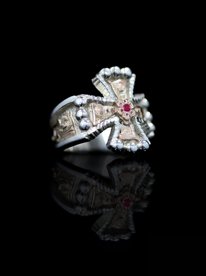 Yellow Gold Scrolls, Rose Gold Flower on Silver Background w/ Ruby Red Accent Stone Cross Ring