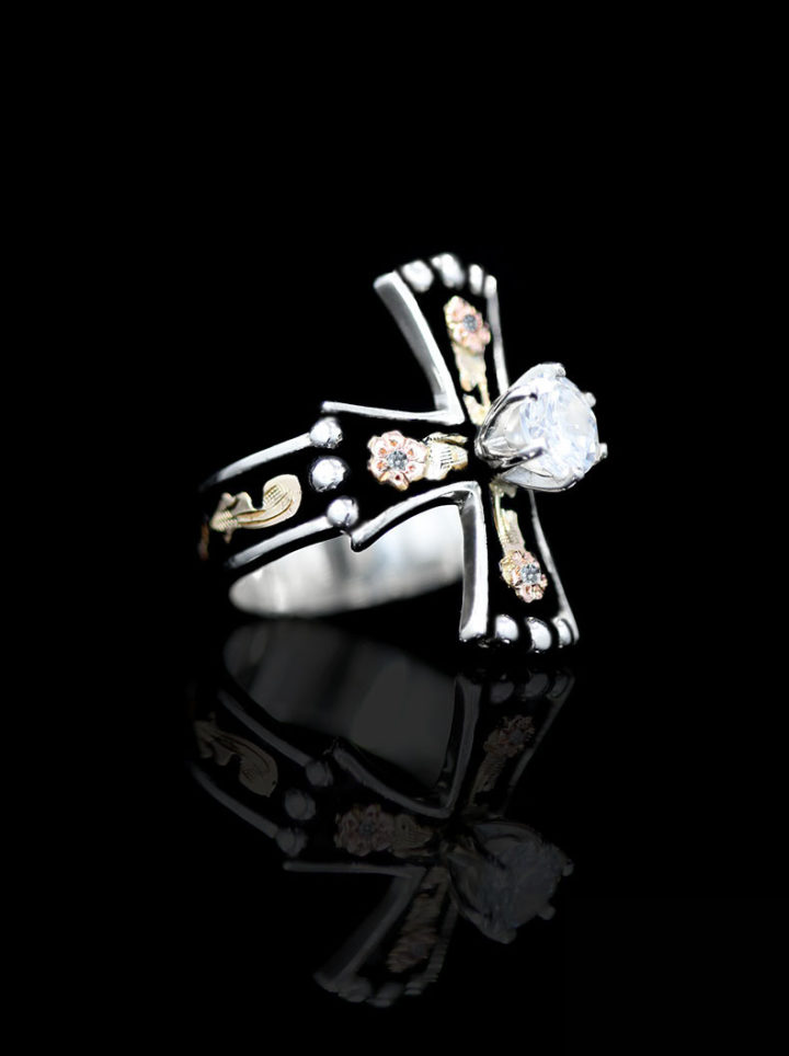 Yellow Gold Scrolls with Rose Gold Flowers with Black Background with Crystal Clear Solitaire and Crystal Clear Accent Cross Ring