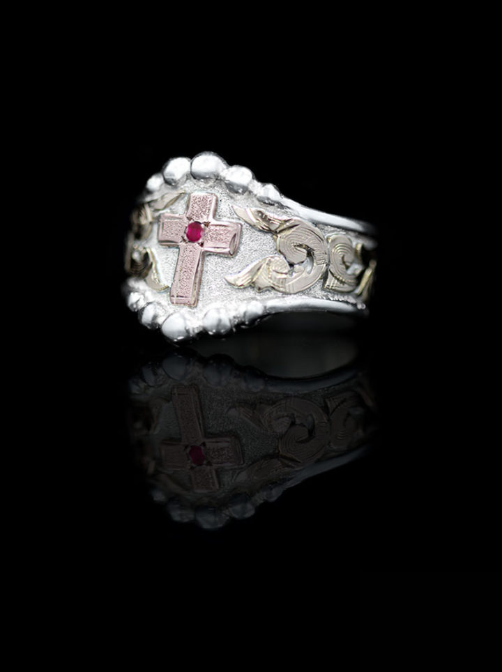 Yellow Gold Scrolls, Rose Gold Cross w/ Ruby Red Accents on Silver Background with Beads