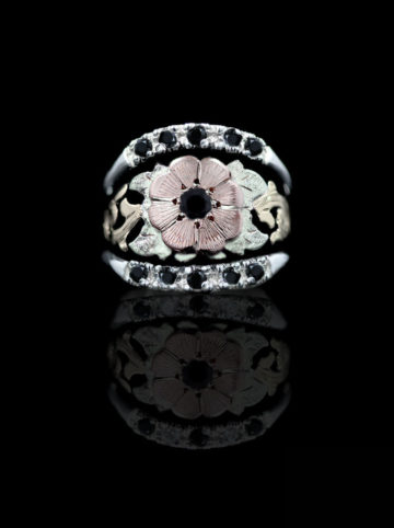 Yellow Gold Scrolls, Rose Gold Flower on Black Background w/ Blackest Black Accent Stones Ring