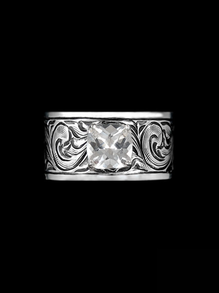 Vintage Engraved Scrolls w/ Crystal Clear Square Solitaire Stone Ring