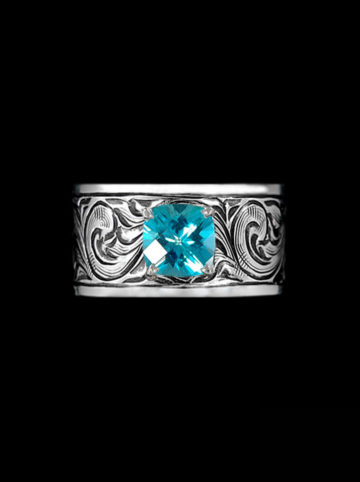 Vintage Engraved Scrolls w/ Paraiba Blue Topaz Square Solitaire Stone Ring