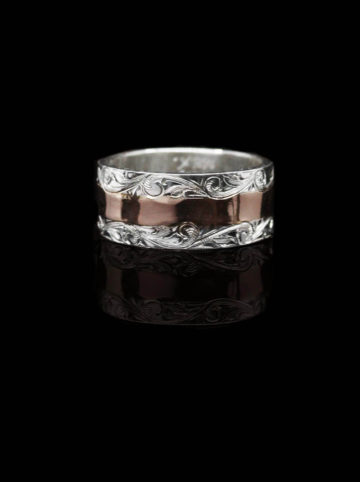 Bright Silver Engraved Scrolls with Rose Gold Strip in Middle Ring