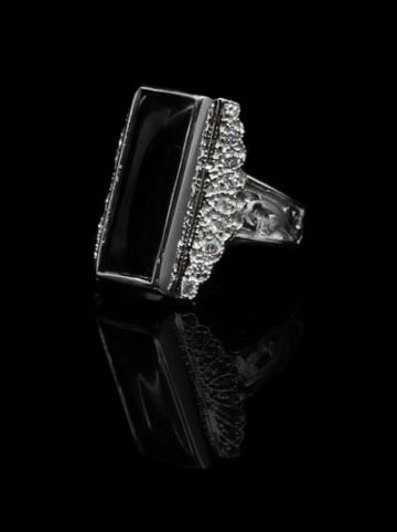 Black Onyx Rectangular Stone with Stippled Silver Border, Silver Scrolls with Silver Background Ring