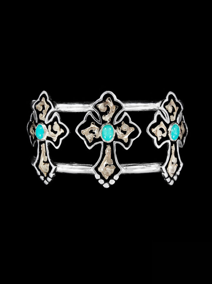 Yellow Gold Scrolls with Black Background with Blue Turquoise Stones Cross Cuff Bracelet