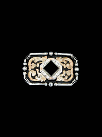 Concho with black background, yellow gold scrolls, 8mm square black onyx stone surrounded by crystal clear cz stones