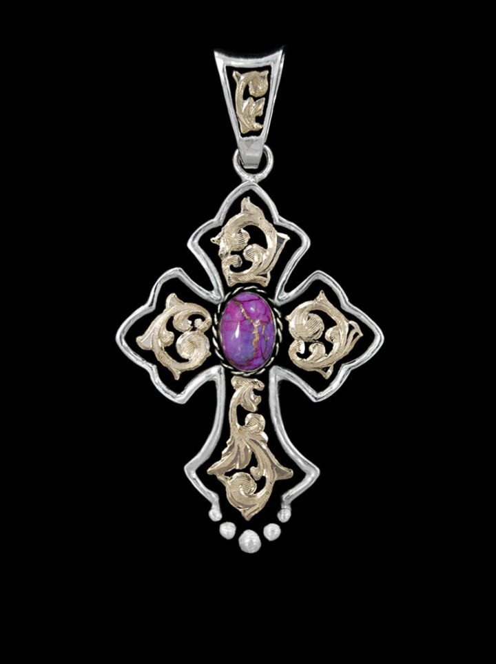 Grand statement of faith with a large cross featuring yellow gold scrolls, black background and a10x14 genuine purple turquoise stone