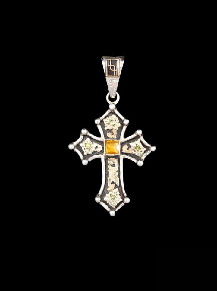 Sterling silver cross w/ oxidized background, yellow gold scrolls and genuine citrine 6mm stone and peridot green cz