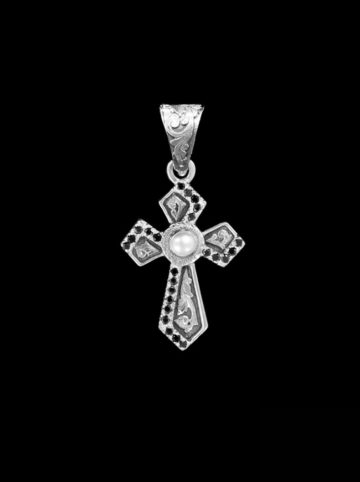 RimRock™ Pearl & Black Accent Cross Pendant - Sterling silver, 6 mm round pearl & blackest black cz with an oxidized background
