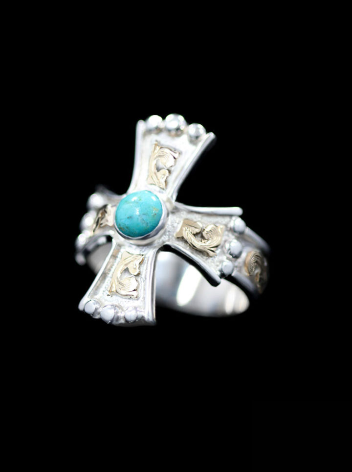 Yellow Gold Scrolls on Silver Background with Blue Turquoise Stone and Beads Ring