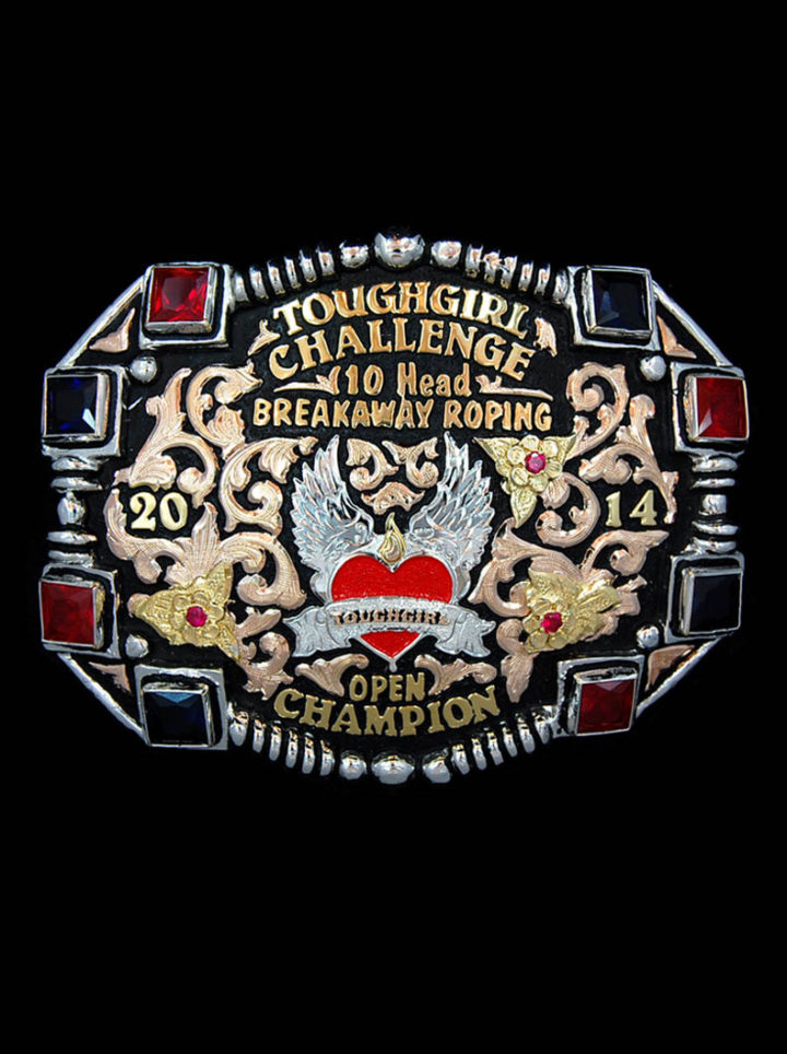 Rose Gold Scrolls on Black Background, Yellow Gold Lettering, Yellow Gold Flowers & Leaves w/ Ruby Red Accents, Silver, Yellow Gold & Red Painted Figure, Ruby Red & Sapphire Blue Stones & Beads in Edge
