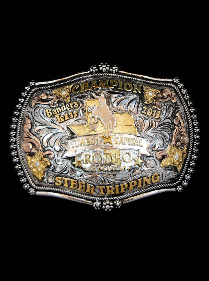 Zorro Custom Buckle with vintage engraved scrolls, yellow gold lettering and flowers, texas figure w/ bucking bronco