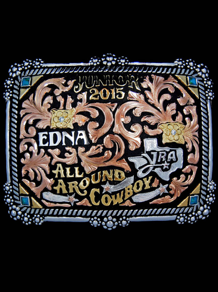 Rose Gold Scrolls on Black Background w/ Silver & Yellow Gold Lettering, Silver Figures, Crystal Clear Accents, Blue Turquoise Accents, Berry Bead Edge Custom Buckle