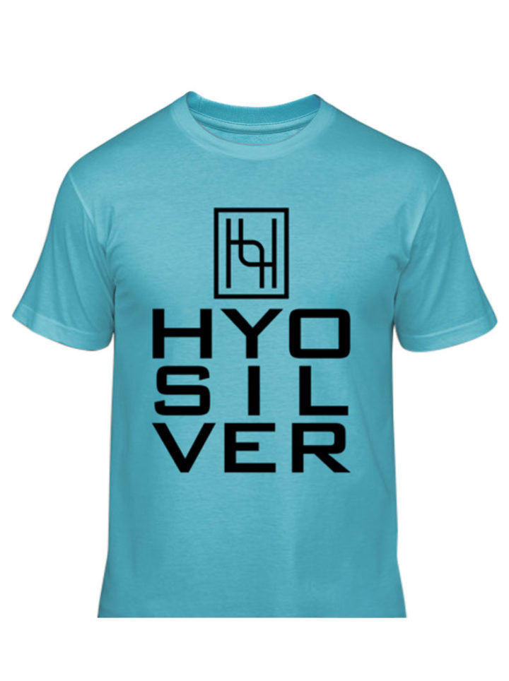 Softest short sleeve tee shirt, featuring Hyo Silver logo in black lettering and turquoise tee