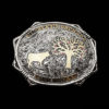 Wrangler Custom Buckle with vintage engraved scrolls, yellow gold lettering, yellow gold cow and tree w/ ruby red stones