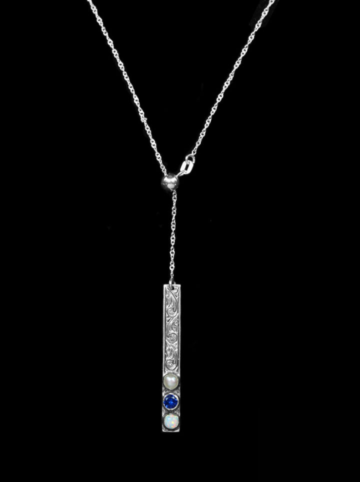 Vintage Engraved Scroll Bar with Round Pearl, Sapphire Blue & Opal Stones