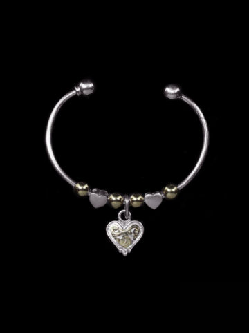 Silver Cuff with Silver and Yellow Gold Heart and Yellow Gold Beads