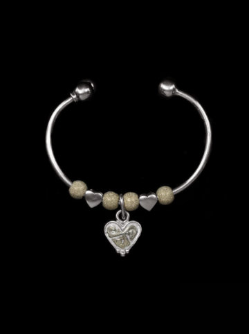 Silver Cuff with Silver and Yellow Gold Heart and Yellow Gold Stardust Beads