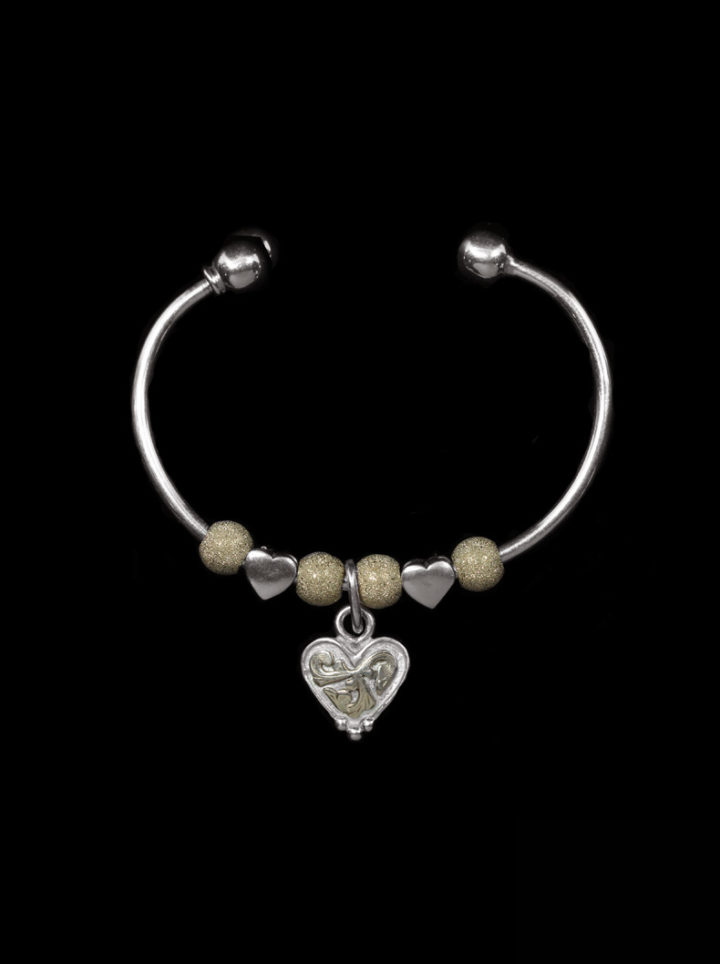 Silver Cuff with Silver and Yellow Gold Heart and Yellow Gold Stardust Beads