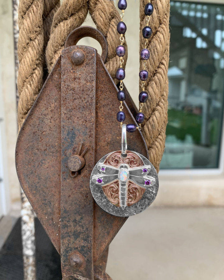 Dragonfly Pendant with Purple Beaded Necklace