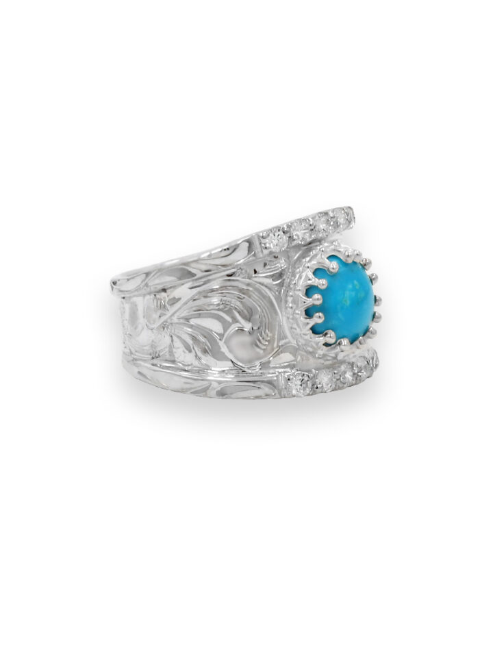 Bright Silver Engraved Scrolls with Queen Bezel Turquoise Stone