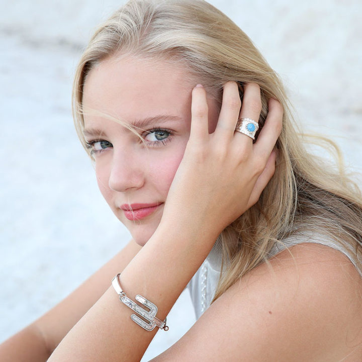 Silver Scrolled Cactus Bracelet & Engraved Scroll Ring with Blue Turquoise on Model