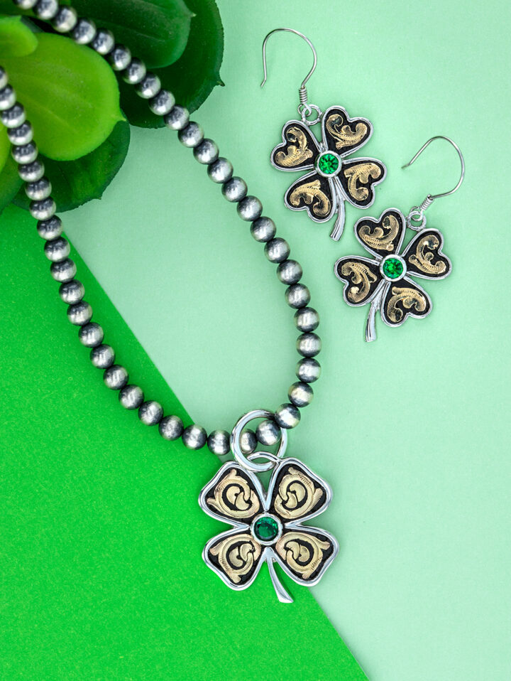 Lucky Clover Earrings and Pendant Set Flat Lay