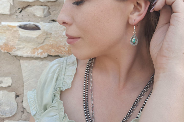 Deset Rain Vintage Engraved Earrings with Teardrop Turquoise Stones