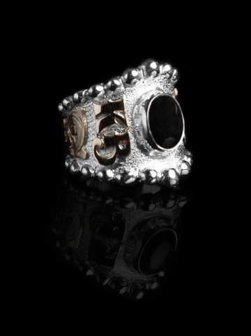 Custom RimRock Beaded Statement Ring Yellow Gold Scrolls with Silver Background Black Onyx Stone