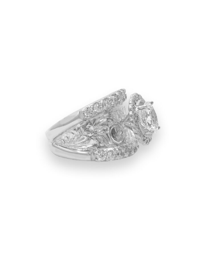 Silver Engraved Scrolls with Oval Halo Setting with Crystal Clear CZ