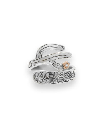 Hand Engraved Cactus Ring with Rose Gold Flower set with Crystal Clear CZ