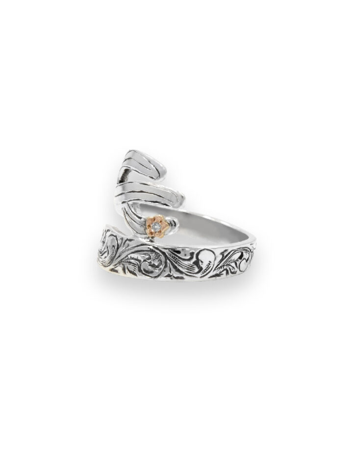 Hand Engraved Cactus Ring with Rose Gold Flower set with Crystal Clear CZ