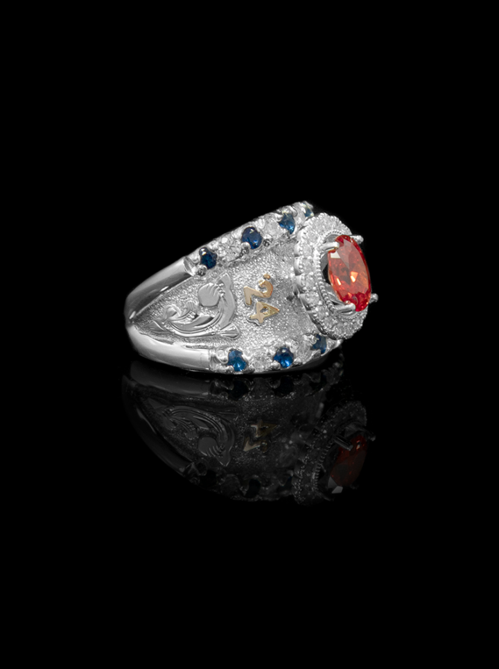 Custom Spellbound Halo Ring Silver Scrolls with Silver Background, Sapphire & Sunset Orange CZ