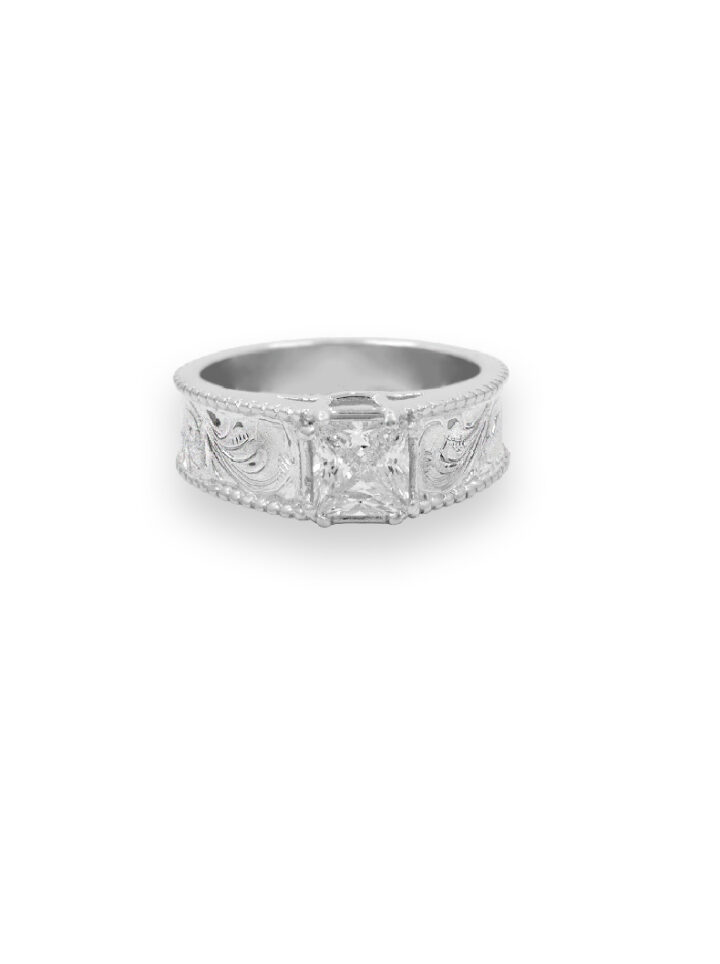 Bright Silver Engraved Scrolls with Crystal Clear CZ Cathedral Ring