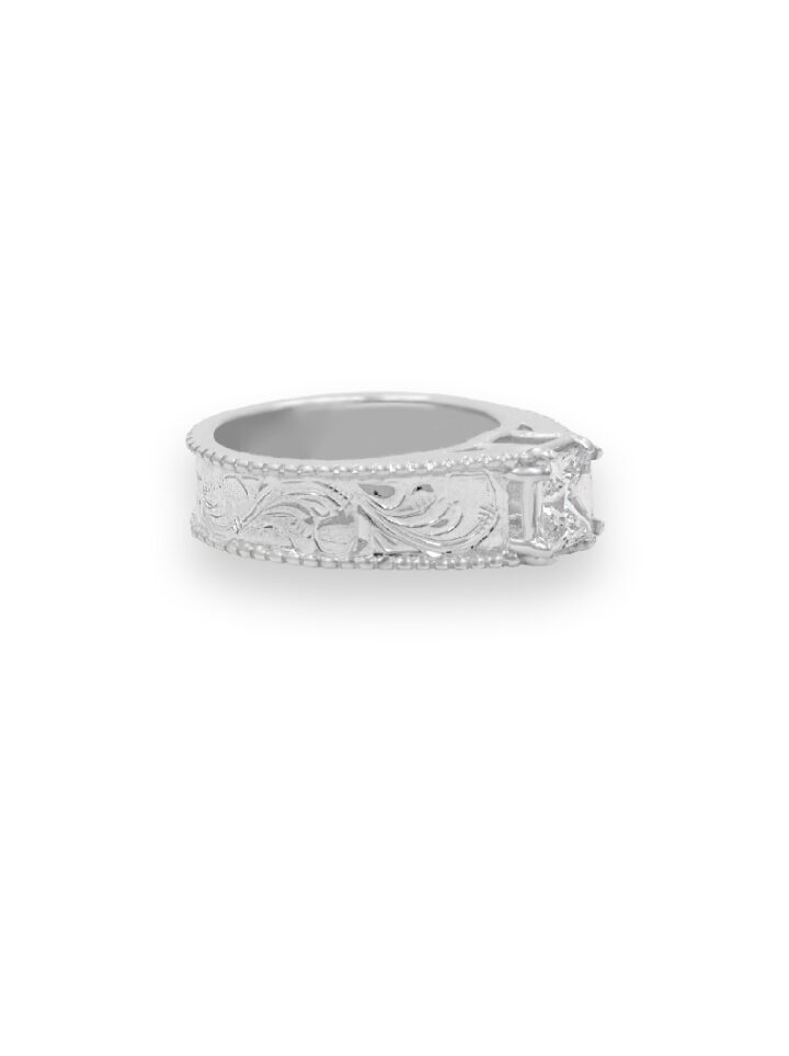 Bright Silver Engraved Scrolls with Crystal Clear CZ Cathedral Ring