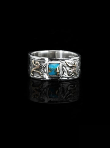 Custom Engraved RimRock Ring with Yellow Gold Lettering and Turquoise with Copper Matrix Stone