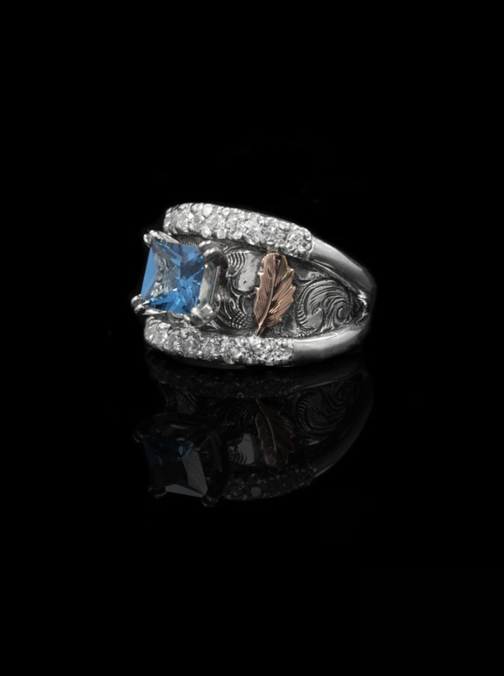 Custom Spellbound Ring with Bright Aquamarine CZ and Rose Gold Feather