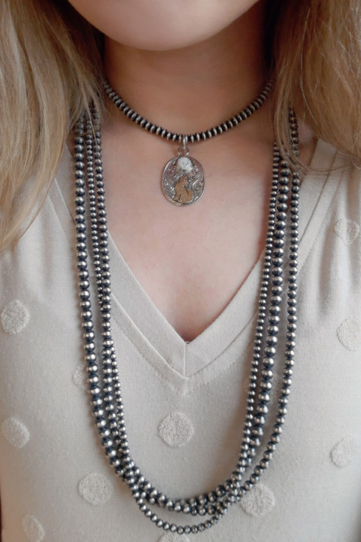 Howlite at the Moon Pendant accented with Navajo Pearl Necklaces