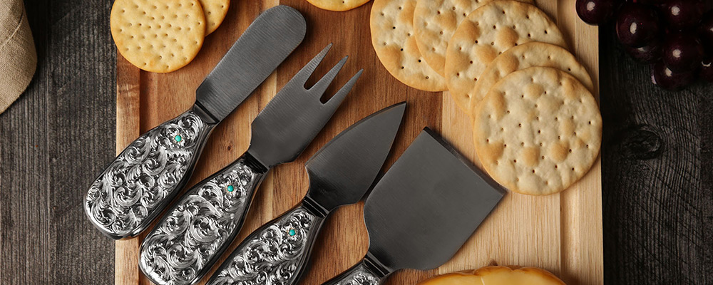 Engraved Silver Charcuterie set with Turquoise stones