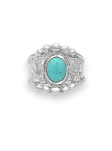 Bright Silver Engraved Scrolls with Turquoise Oval Stone, Beaded Edge