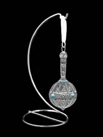 Baby Rattle Ornament with Bright Silver Engraved Scrolls and BlueTurquoise RimRock Stones