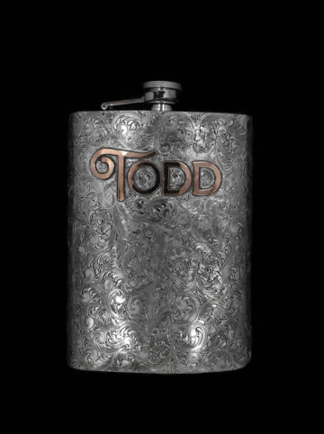 Custom Vintage Engraved Scroll Flask with Rose Gold Lettering