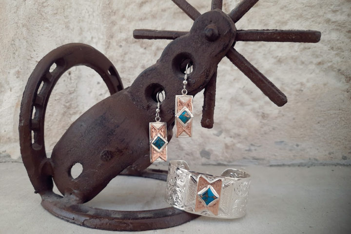 Bright Silver Engraved Scroll Bracelet and Earrings featuring Rose Gold Butterfly Shape with Turquoise Copper Matrix