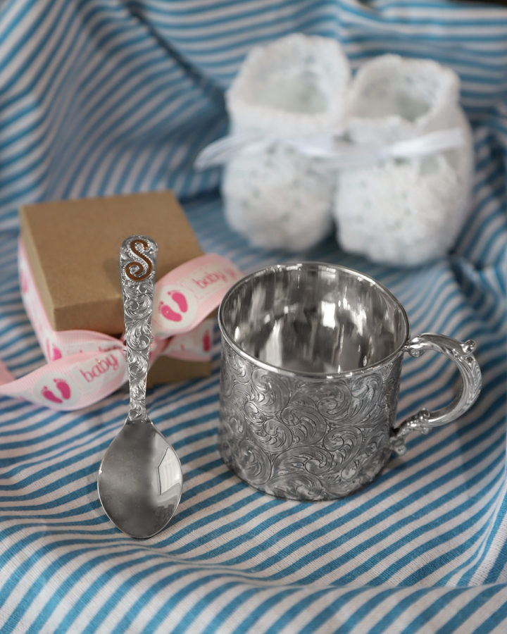 Styled Image with Sterling Silver Baby Spoon & Custom Cup