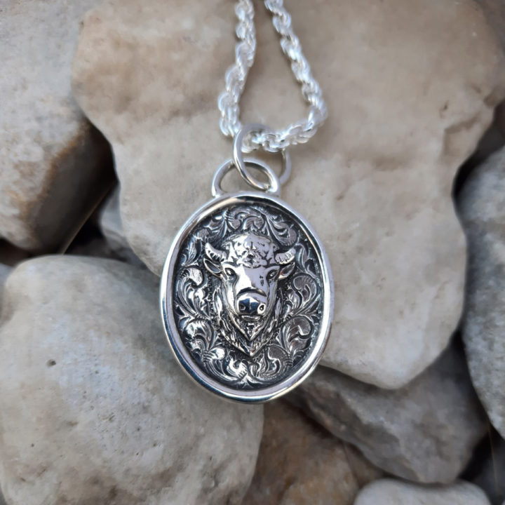 Casted Silver Great White Buffalo on Vintage Silver Engraved Pendant