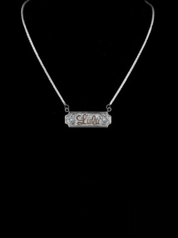 Custom Name Necklave with Bright Silver Engraved Scrolls & Rose Gold Lettering set with Pearl RimRock Stones
